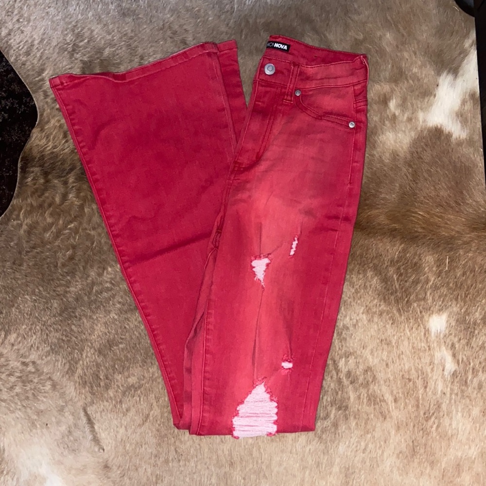 Red distressed flares